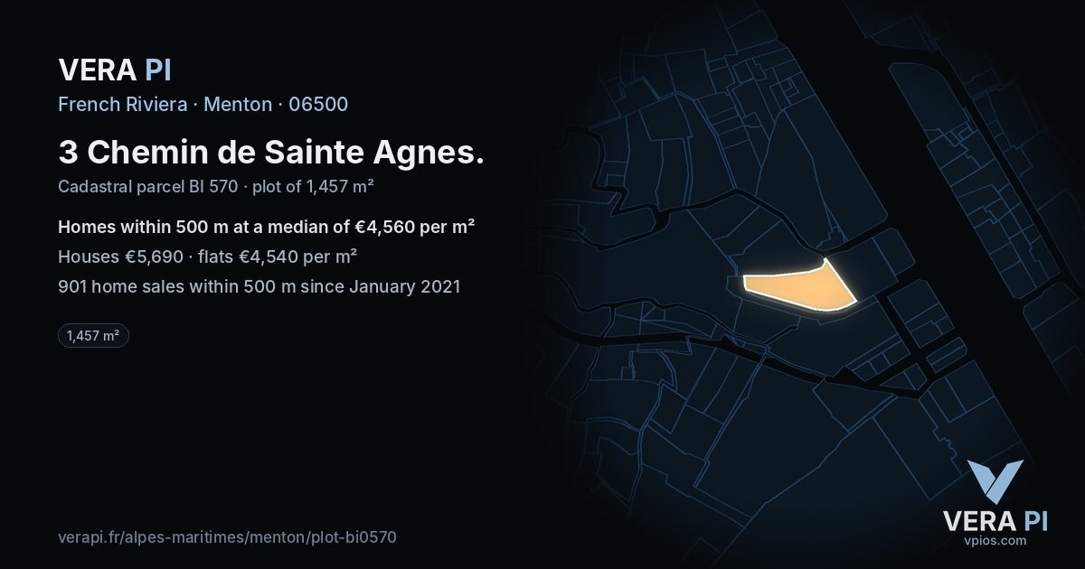 3 Chemin de Sainte Agnes, Menton at night – the plot lit, the parcels around coloured by the prices near them