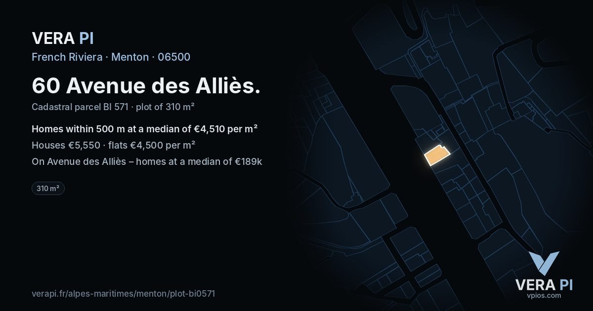 60 Avenue des Alliès, Menton at night – the plot lit, the parcels around coloured by the prices near them
