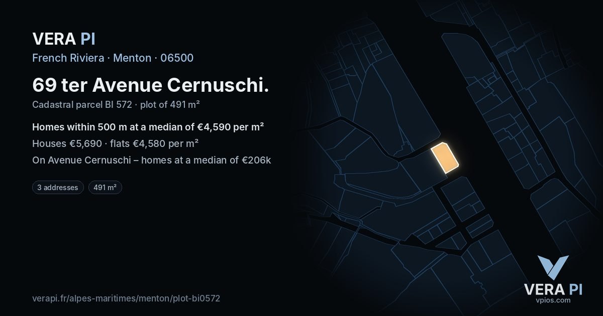 69 ter Avenue Cernuschi, Menton at night – the plot lit, the parcels around coloured by the prices near them