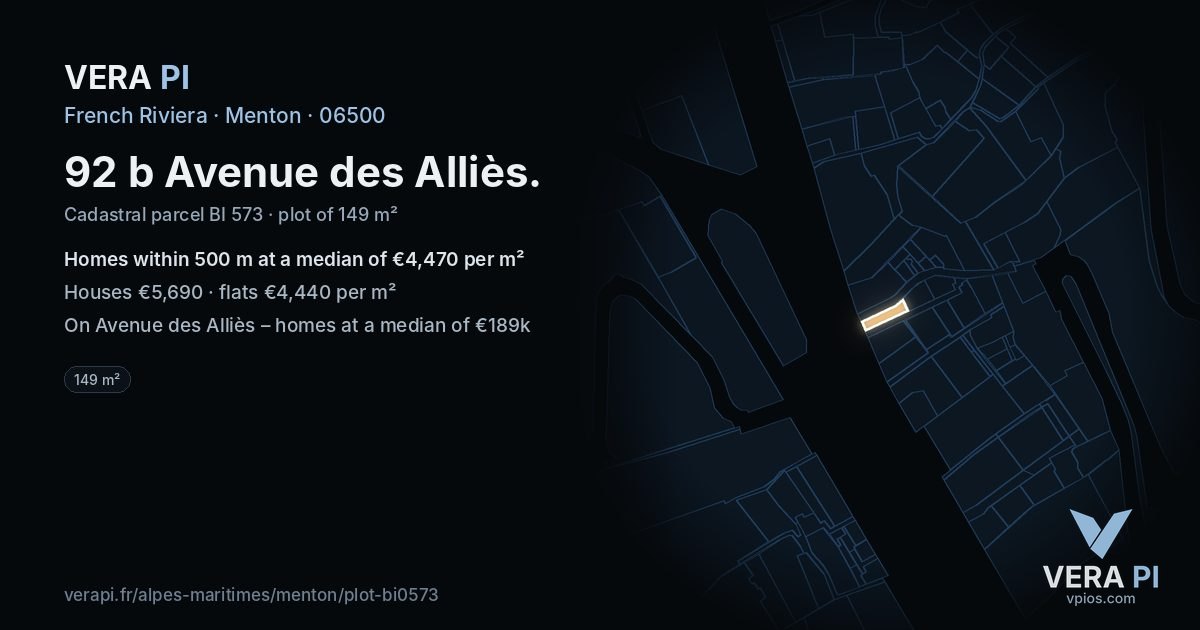 92 b Avenue des Alliès, Menton at night – the plot lit, the parcels around coloured by the prices near them