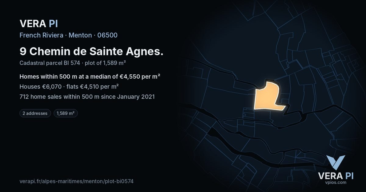 9 Chemin de Sainte Agnes, Menton at night – the plot lit, the parcels around coloured by the prices near them