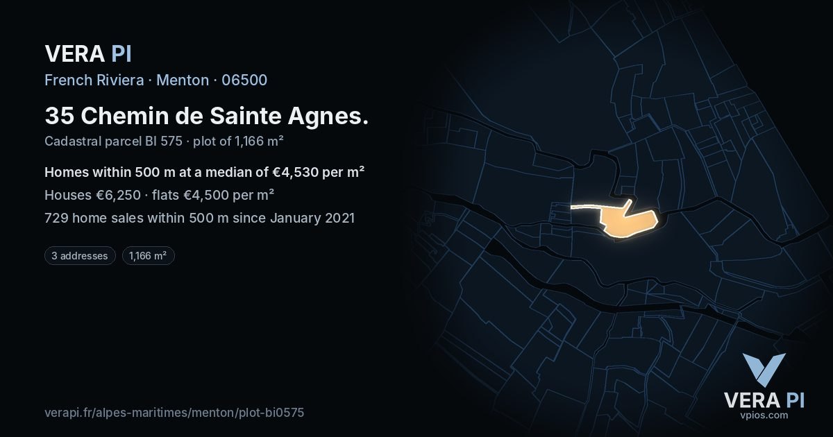35 Chemin de Sainte Agnes, Menton at night – the plot lit, the parcels around coloured by the prices near them