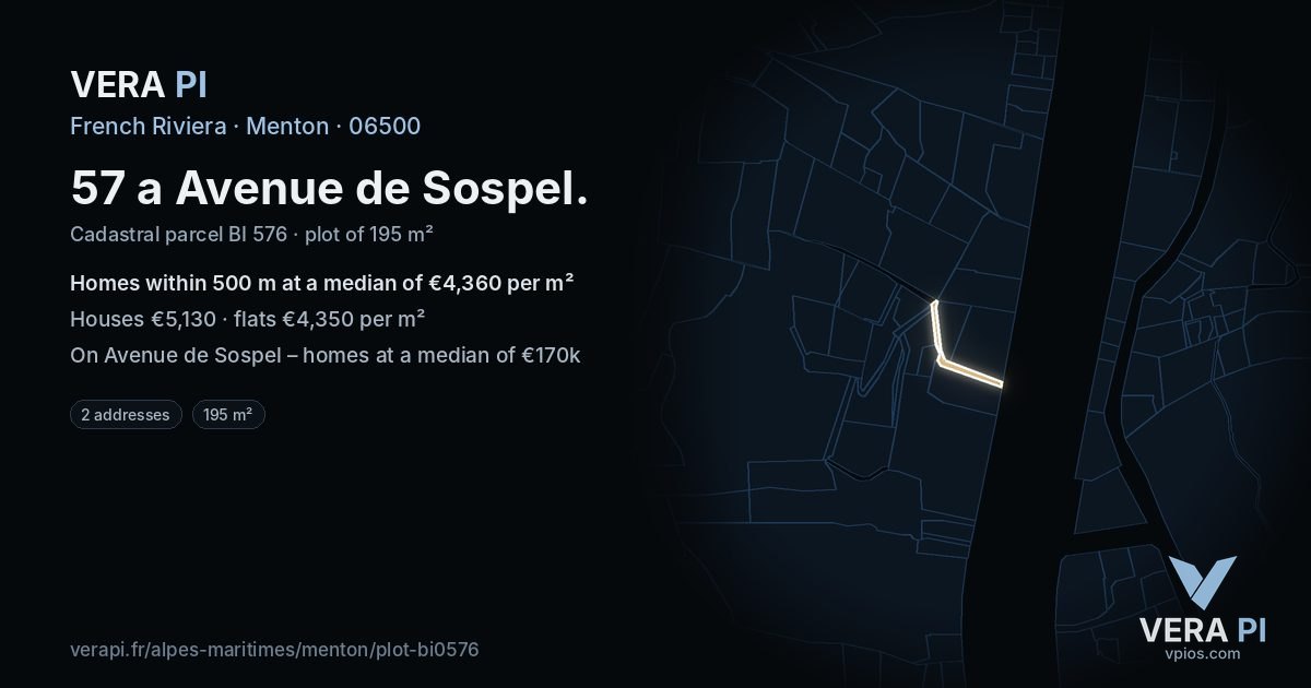 57 a Avenue de Sospel, Menton at night – the plot lit, the parcels around coloured by the prices near them