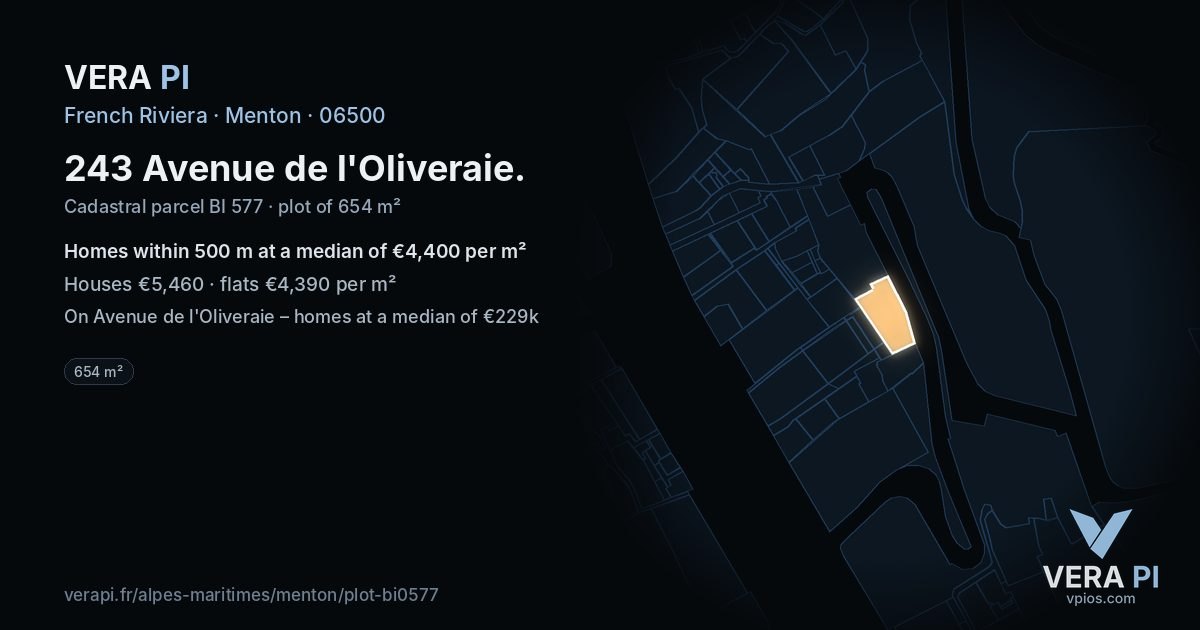 243 Avenue de l'Oliveraie, Menton at night – the plot lit, the parcels around coloured by the prices near them