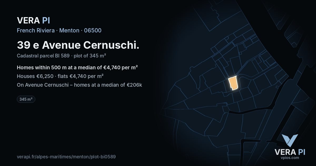 39 e Avenue Cernuschi, Menton at night – the plot lit, the parcels around coloured by the prices near them