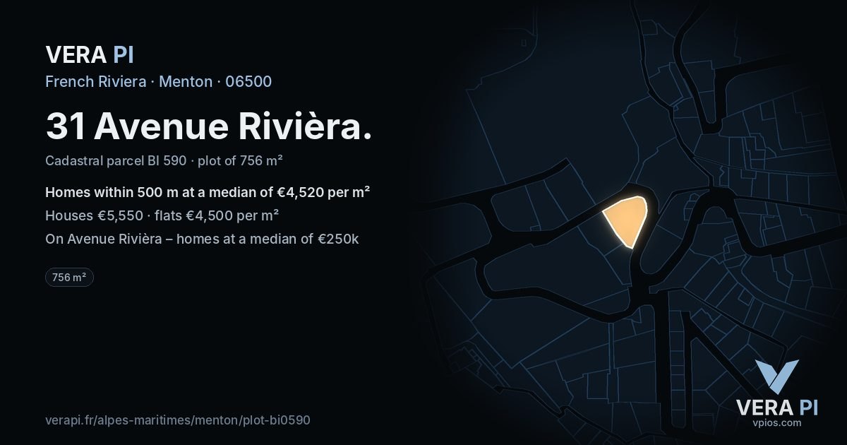 31 Avenue Rivièra, Menton at night – the plot lit, the parcels around coloured by the prices near them