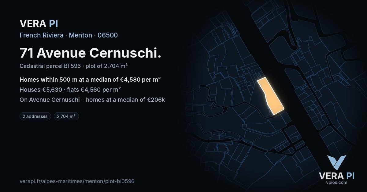 71 Avenue Cernuschi, Menton at night – the plot lit, the parcels around coloured by the prices near them