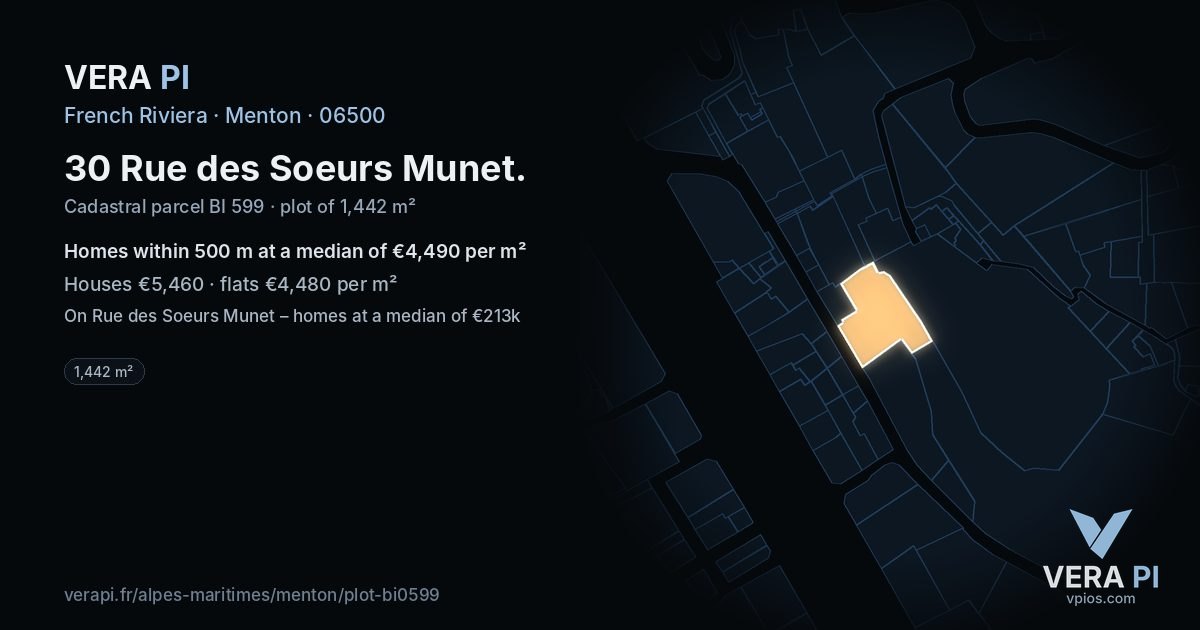 30 Rue des Soeurs Munet, Menton at night – the plot lit, the parcels around coloured by the prices near them