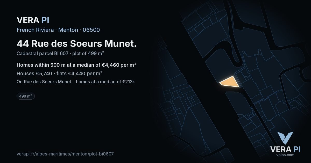 44 Rue des Soeurs Munet, Menton at night – the plot lit, the parcels around coloured by the prices near them