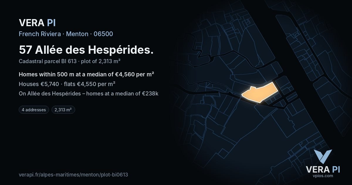 57 Allée des Hespérides, Menton at night – the plot lit, the parcels around coloured by the prices near them