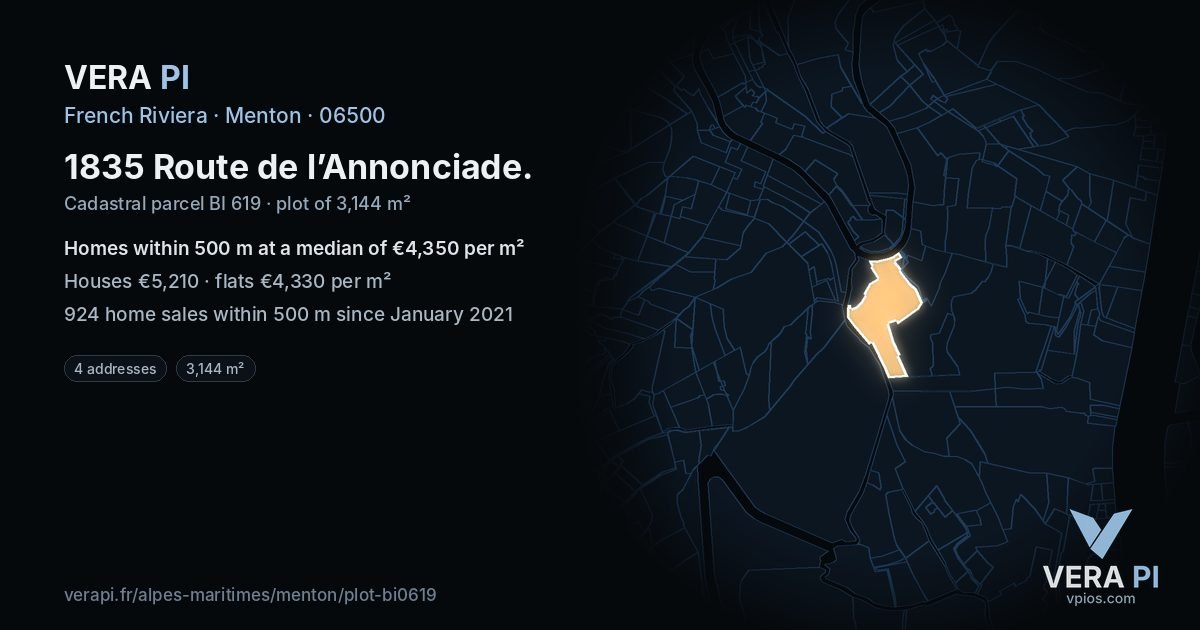1835 Route de l’Annonciade, Menton at night – the plot lit, the parcels around coloured by the prices near them