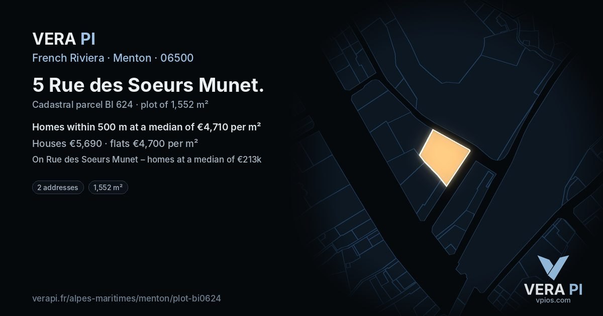 5 Rue des Soeurs Munet, Menton at night – the plot lit, the parcels around coloured by the prices near them