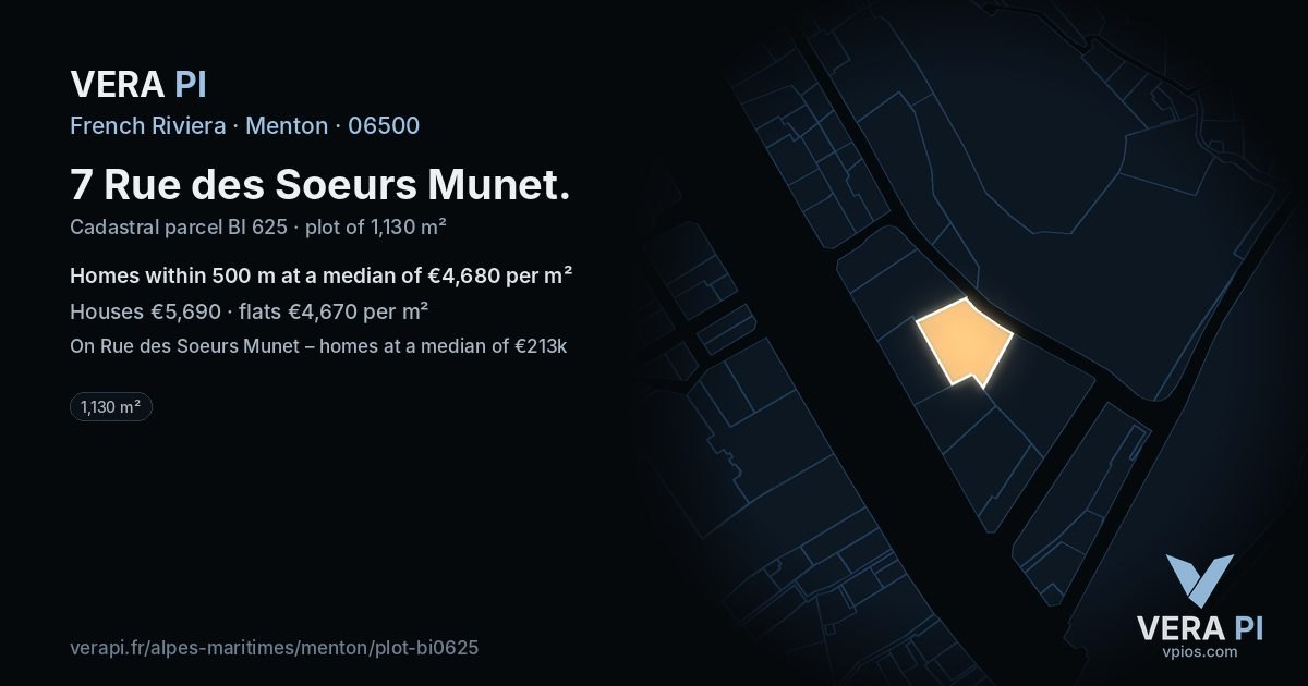 7 Rue des Soeurs Munet, Menton at night – the plot lit, the parcels around coloured by the prices near them