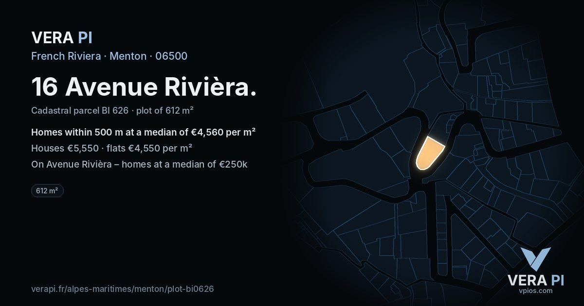 16 Avenue Rivièra, Menton at night – the plot lit, the parcels around coloured by the prices near them