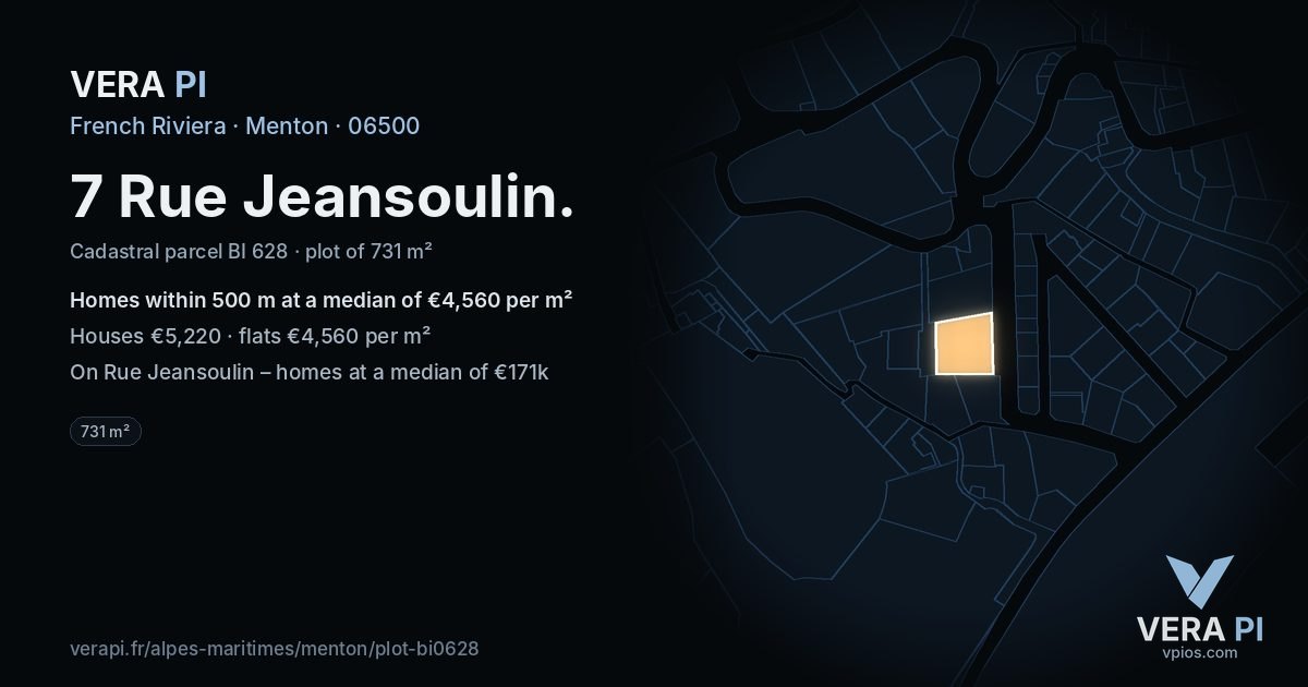 7 Rue Jeansoulin, Menton at night – the plot lit, the parcels around coloured by the prices near them