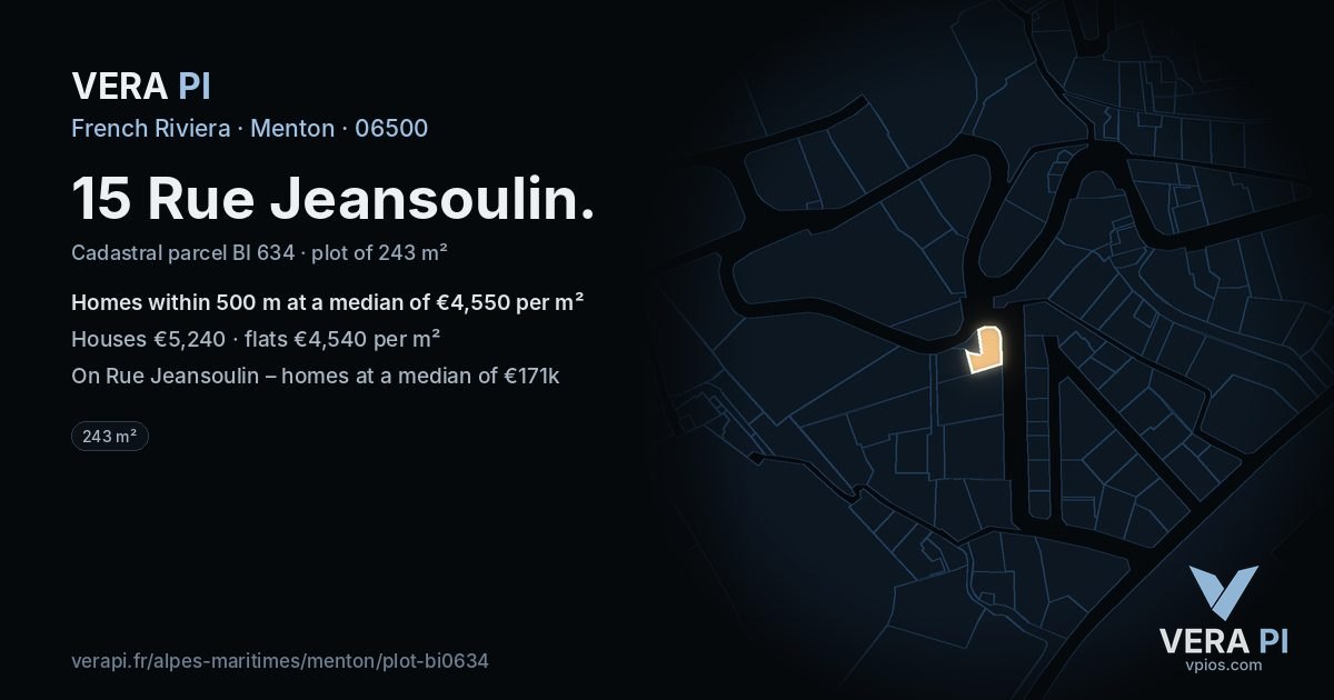 15 Rue Jeansoulin, Menton at night – the plot lit, the parcels around coloured by the prices near them