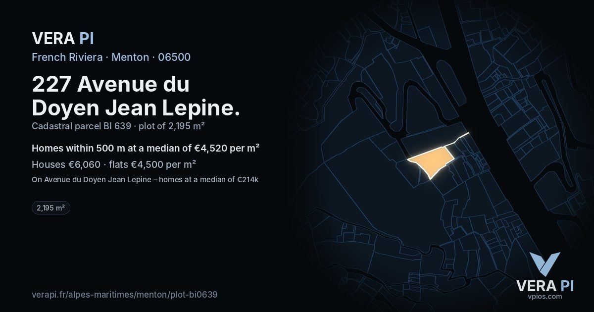 227 Avenue du Doyen Jean Lepine, Menton at night – the plot lit, the parcels around coloured by the prices near them