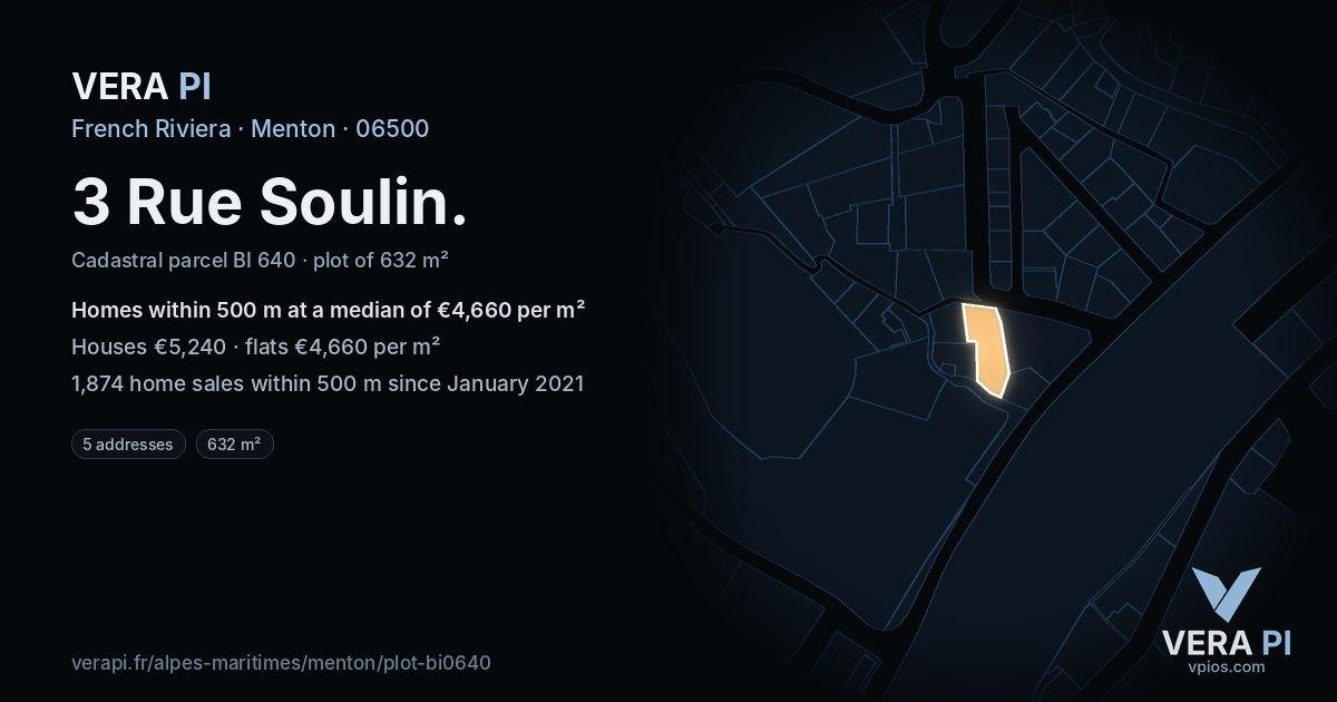 3 Rue Soulin, Menton at night – the plot lit, the parcels around coloured by the prices near them
