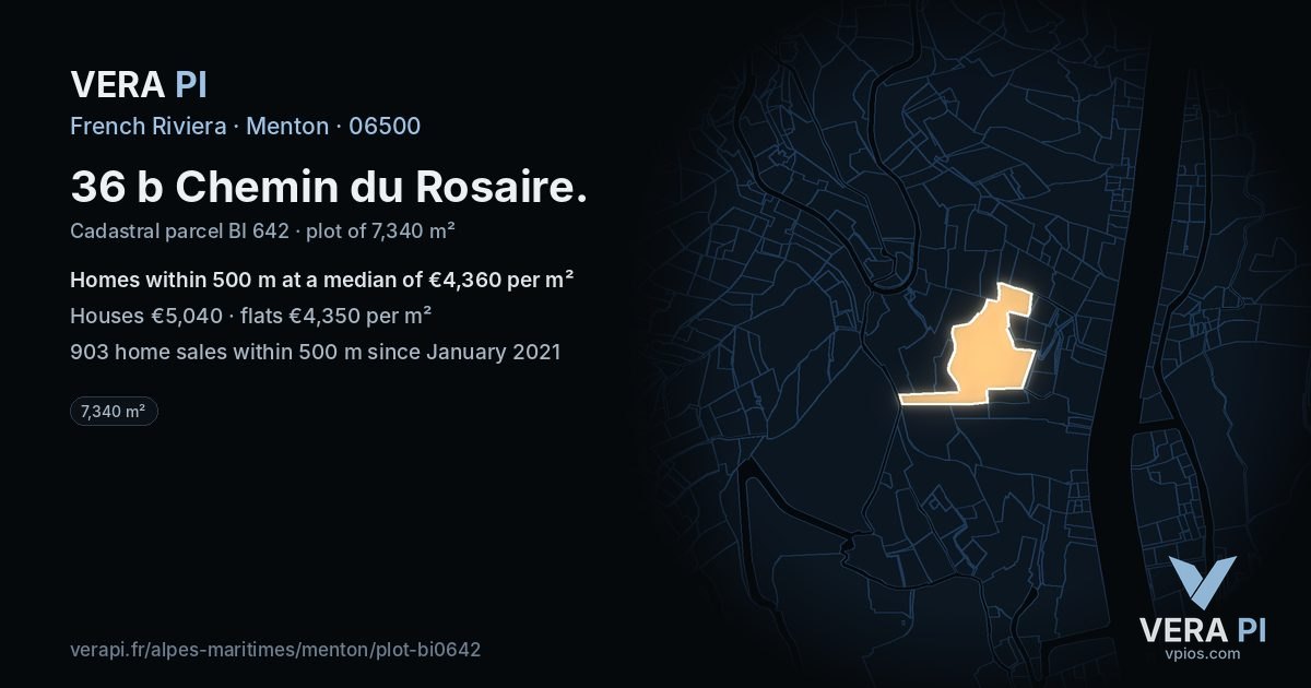 36 b Chemin du Rosaire, Menton at night – the plot lit, the parcels around coloured by the prices near them