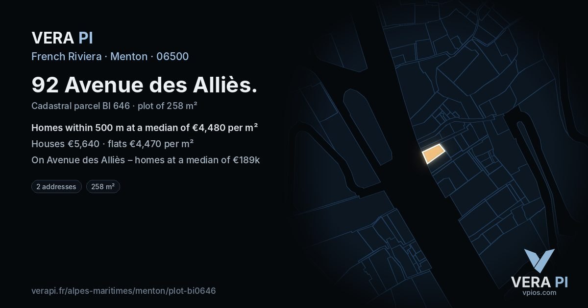 92 Avenue des Alliès, Menton at night – the plot lit, the parcels around coloured by the prices near them