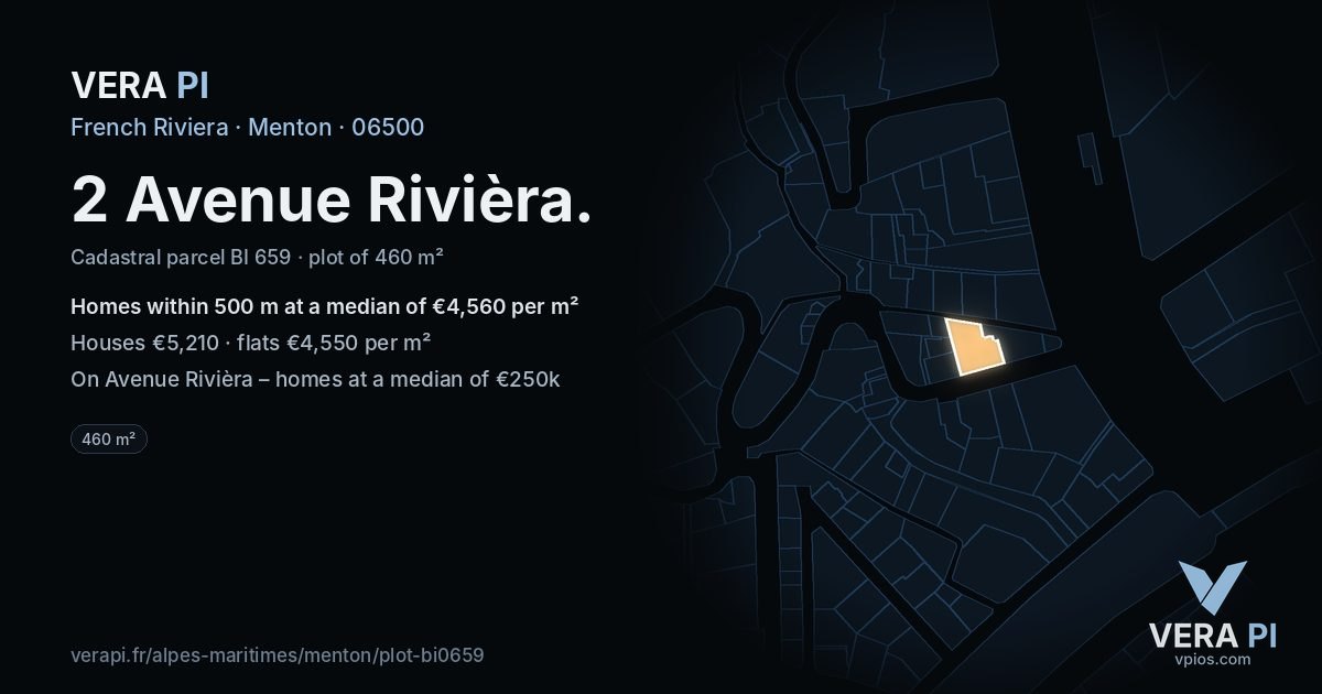 2 Avenue Rivièra, Menton at night – the plot lit, the parcels around coloured by the prices near them