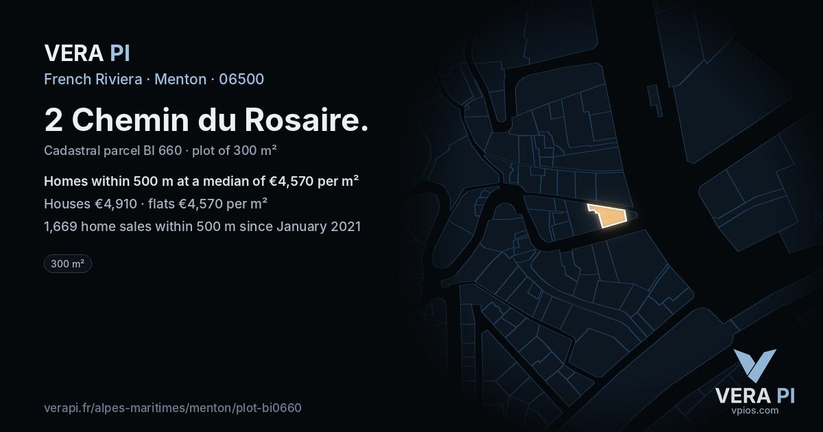 2 Chemin du Rosaire, Menton at night – the plot lit, the parcels around coloured by the prices near them