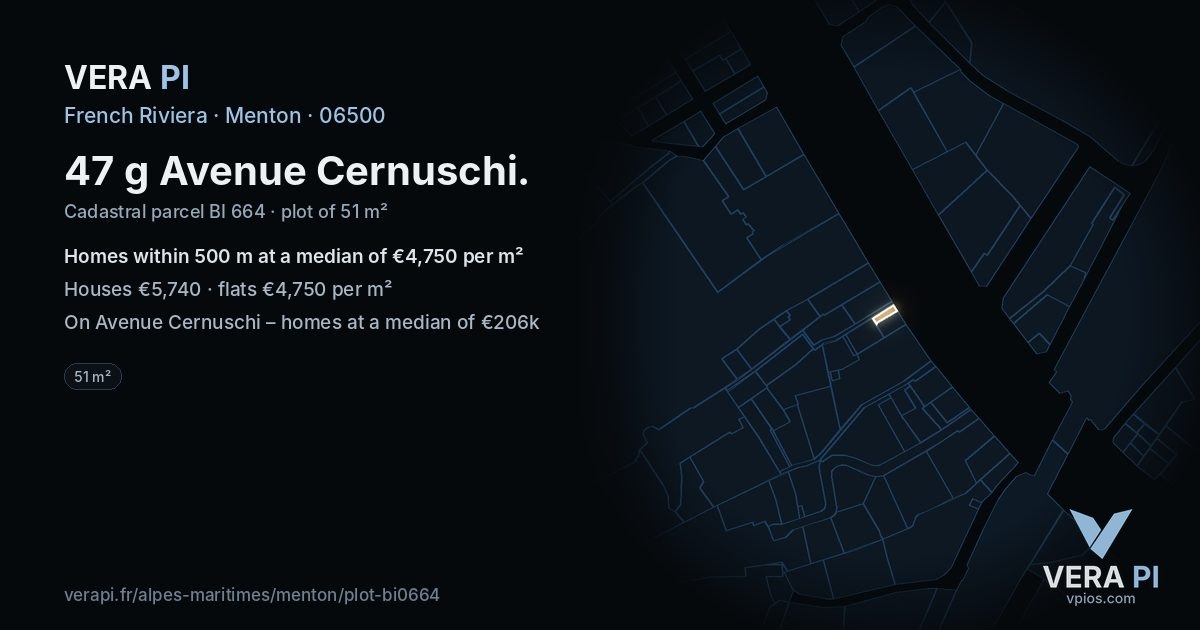 47 g Avenue Cernuschi, Menton at night – the plot lit, the parcels around coloured by the prices near them