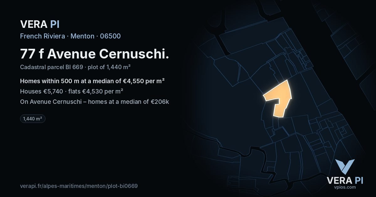 77 f Avenue Cernuschi, Menton at night – the plot lit, the parcels around coloured by the prices near them