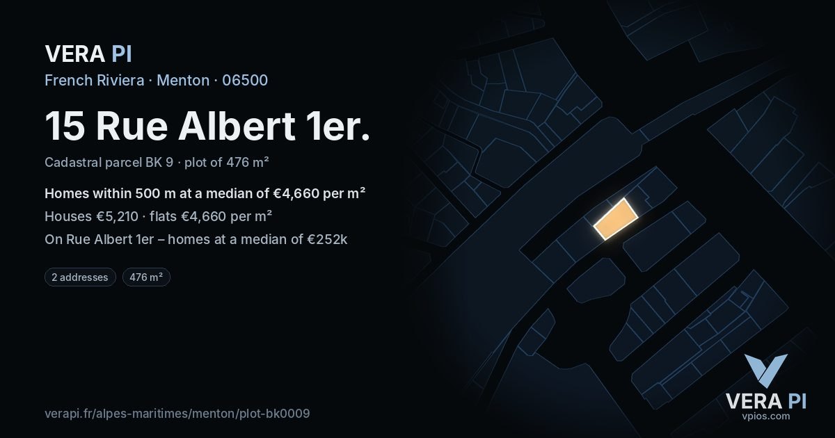 15 Rue Albert 1er, Menton at night – the plot lit, the parcels around coloured by the prices near them