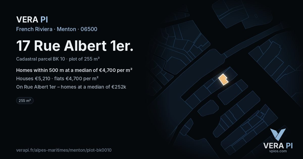17 Rue Albert 1er, Menton at night – the plot lit, the parcels around coloured by the prices near them