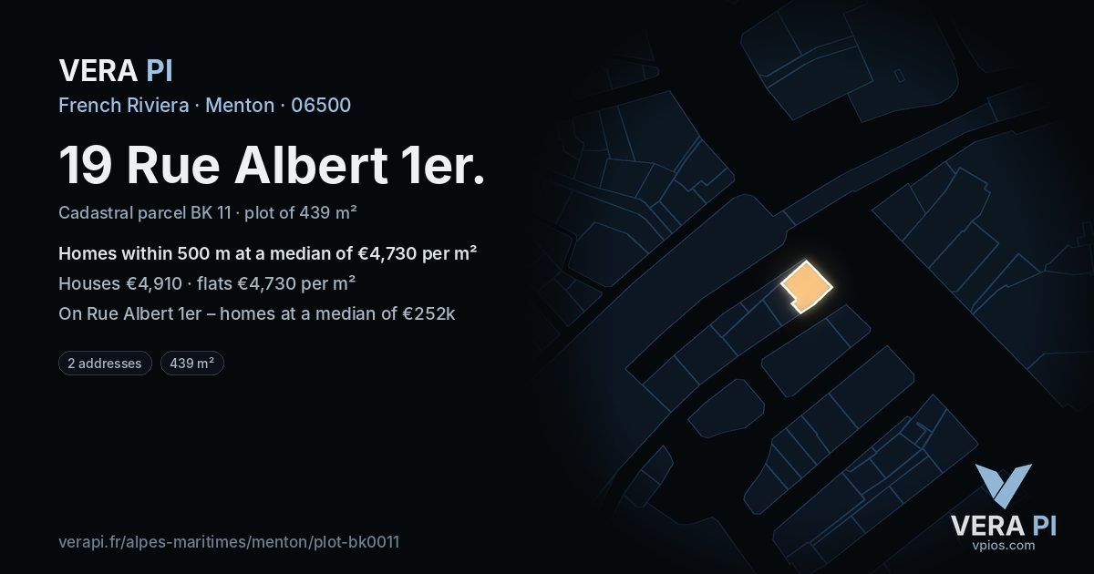 19 Rue Albert 1er, Menton at night – the plot lit, the parcels around coloured by the prices near them
