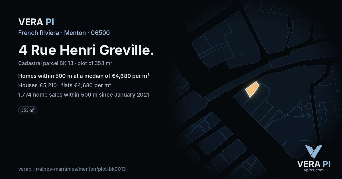 4 Rue Henri Greville, Menton at night – the plot lit, the parcels around coloured by the prices near them