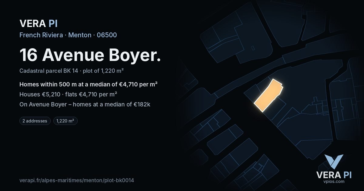 16 Avenue Boyer, Menton at night – the plot lit, the parcels around coloured by the prices near them