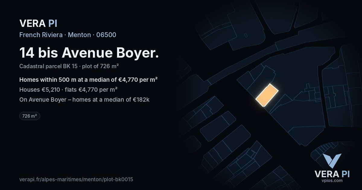 14 bis Avenue Boyer, Menton at night – the plot lit, the parcels around coloured by the prices near them