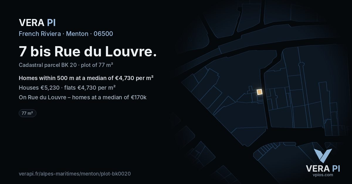 7 bis Rue du Louvre, Menton at night – the plot lit, the parcels around coloured by the prices near them
