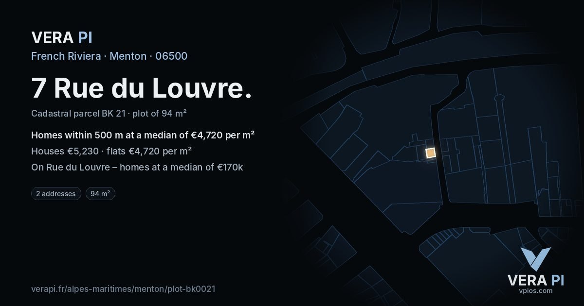 7 Rue du Louvre, Menton at night – the plot lit, the parcels around coloured by the prices near them