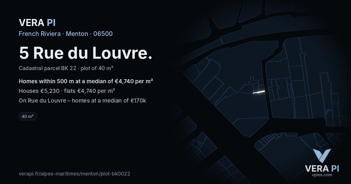 5 Rue du Louvre, Menton at night – the plot lit, the parcels around coloured by the prices near them