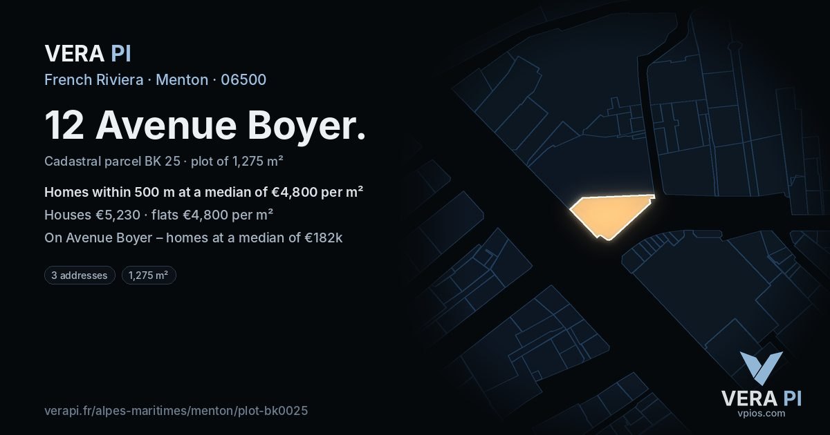 12 Avenue Boyer, Menton at night – the plot lit, the parcels around coloured by the prices near them