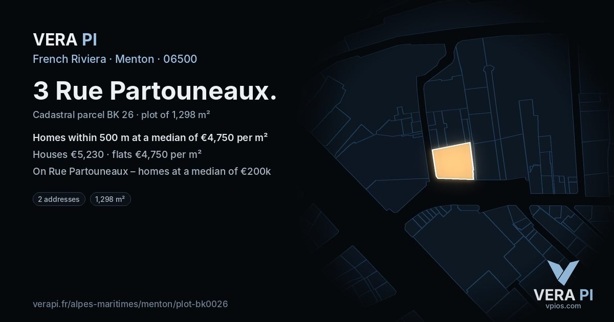3 Rue Partouneaux, Menton at night – the plot lit, the parcels around coloured by the prices near them