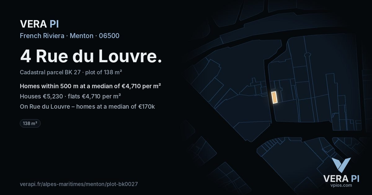 4 Rue du Louvre, Menton at night – the plot lit, the parcels around coloured by the prices near them