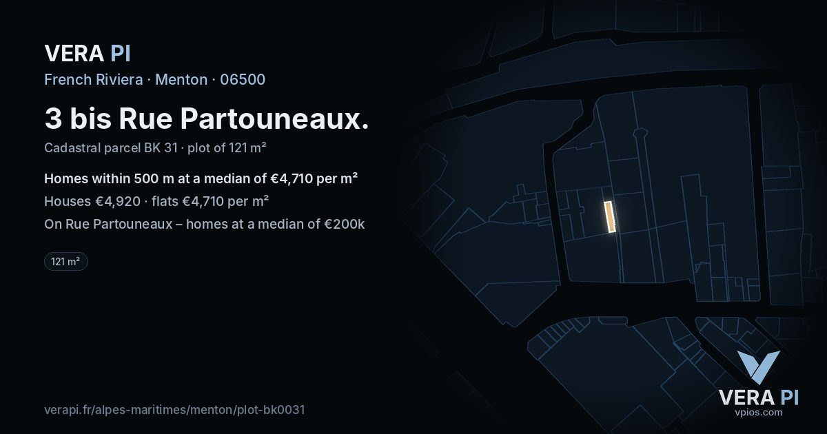 3 bis Rue Partouneaux, Menton at night – the plot lit, the parcels around coloured by the prices near them