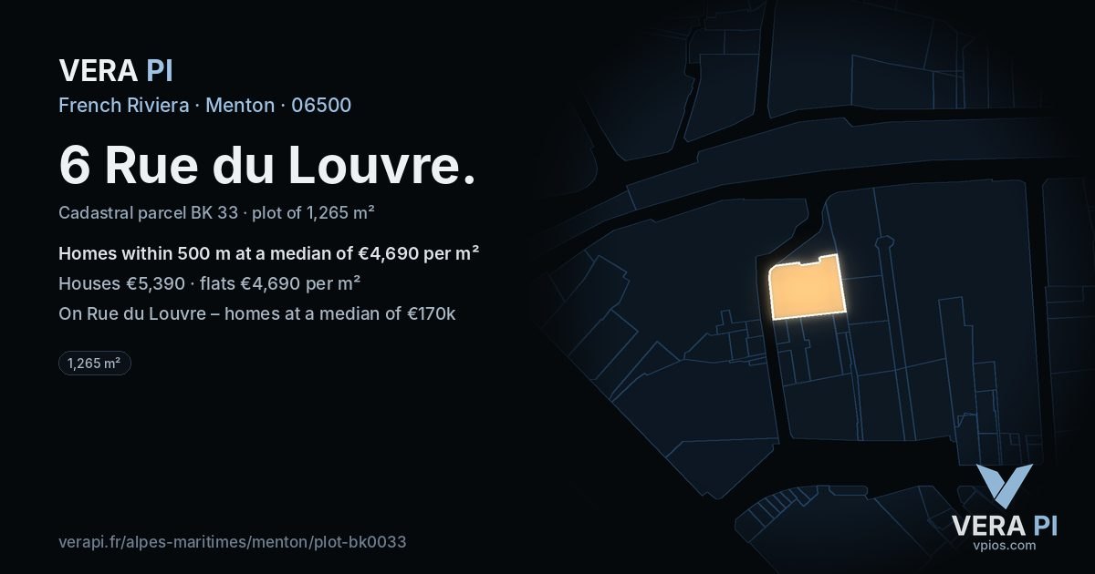 6 Rue du Louvre, Menton at night – the plot lit, the parcels around coloured by the prices near them