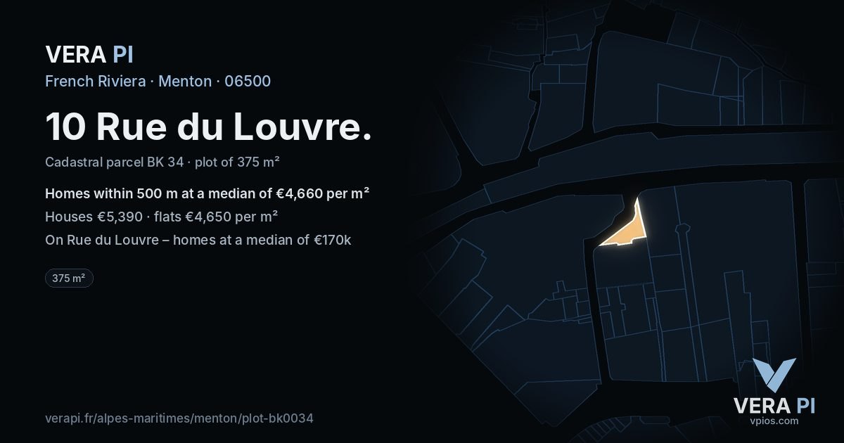 10 Rue du Louvre, Menton at night – the plot lit, the parcels around coloured by the prices near them