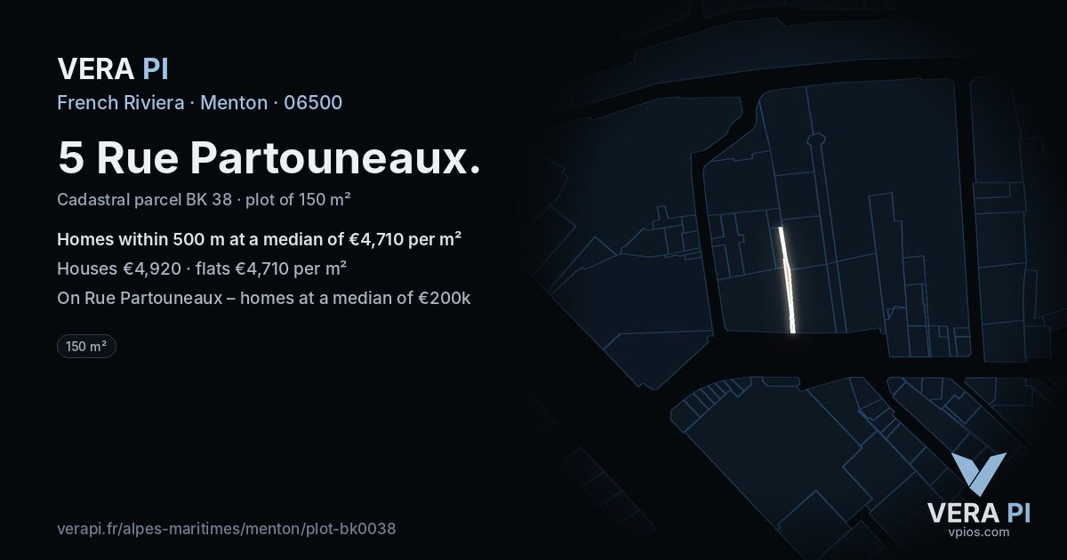 5 Rue Partouneaux, Menton at night – the plot lit, the parcels around coloured by the prices near them