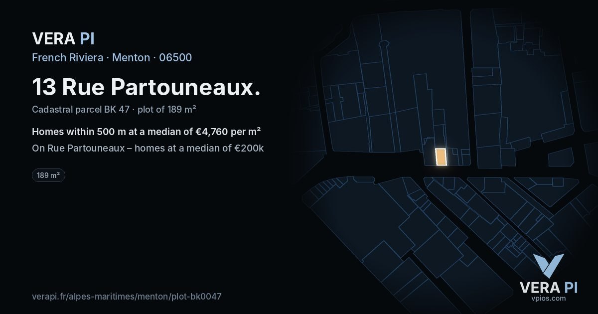 13 Rue Partouneaux, Menton at night – the plot lit, the parcels around coloured by the prices near them
