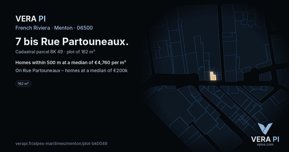 7 bis Rue Partouneaux, Menton at night – the plot lit, the parcels around coloured by the prices near them