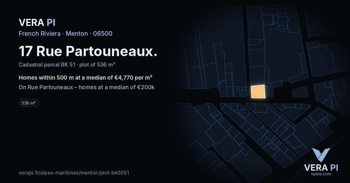 17 Rue Partouneaux, Menton at night – the plot lit, the parcels around coloured by the prices near them