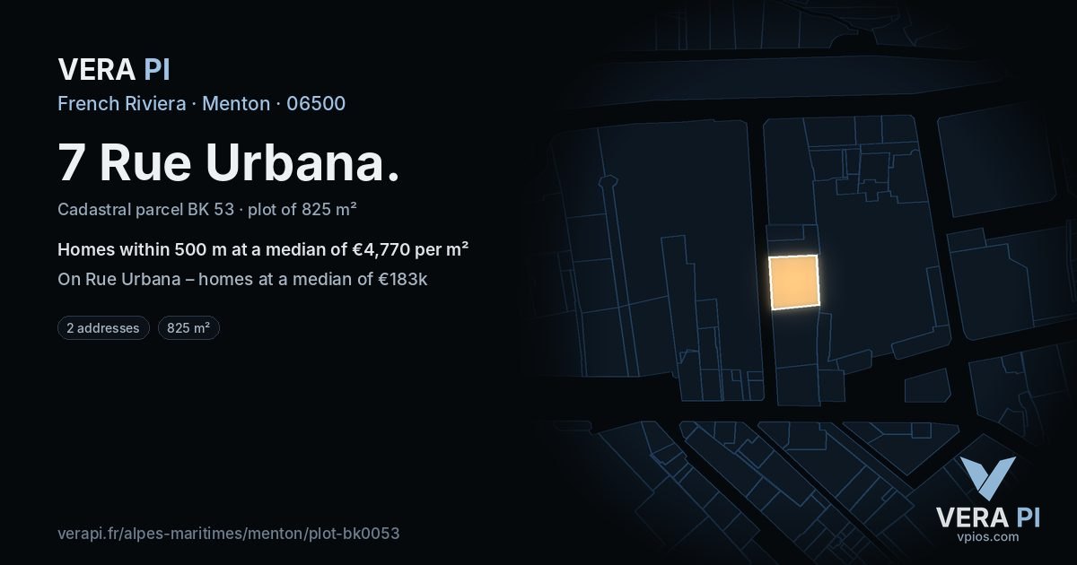 7 Rue Urbana, Menton at night – the plot lit, the parcels around coloured by the prices near them
