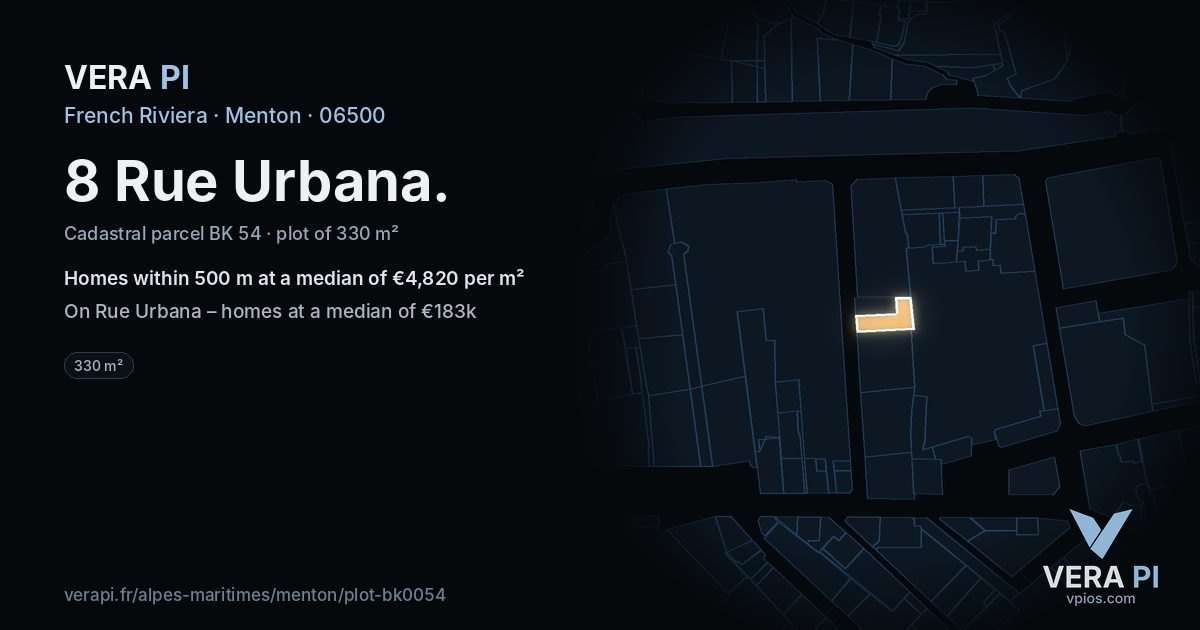 8 Rue Urbana, Menton at night – the plot lit, the parcels around coloured by the prices near them