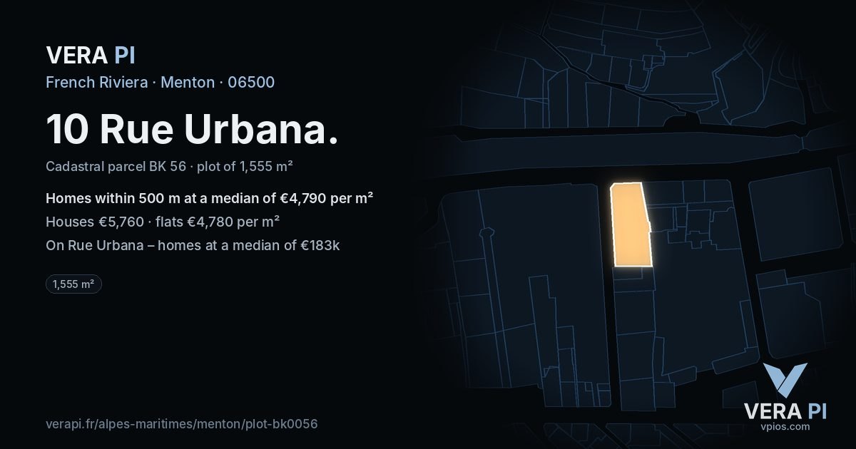 10 Rue Urbana, Menton at night – the plot lit, the parcels around coloured by the prices near them
